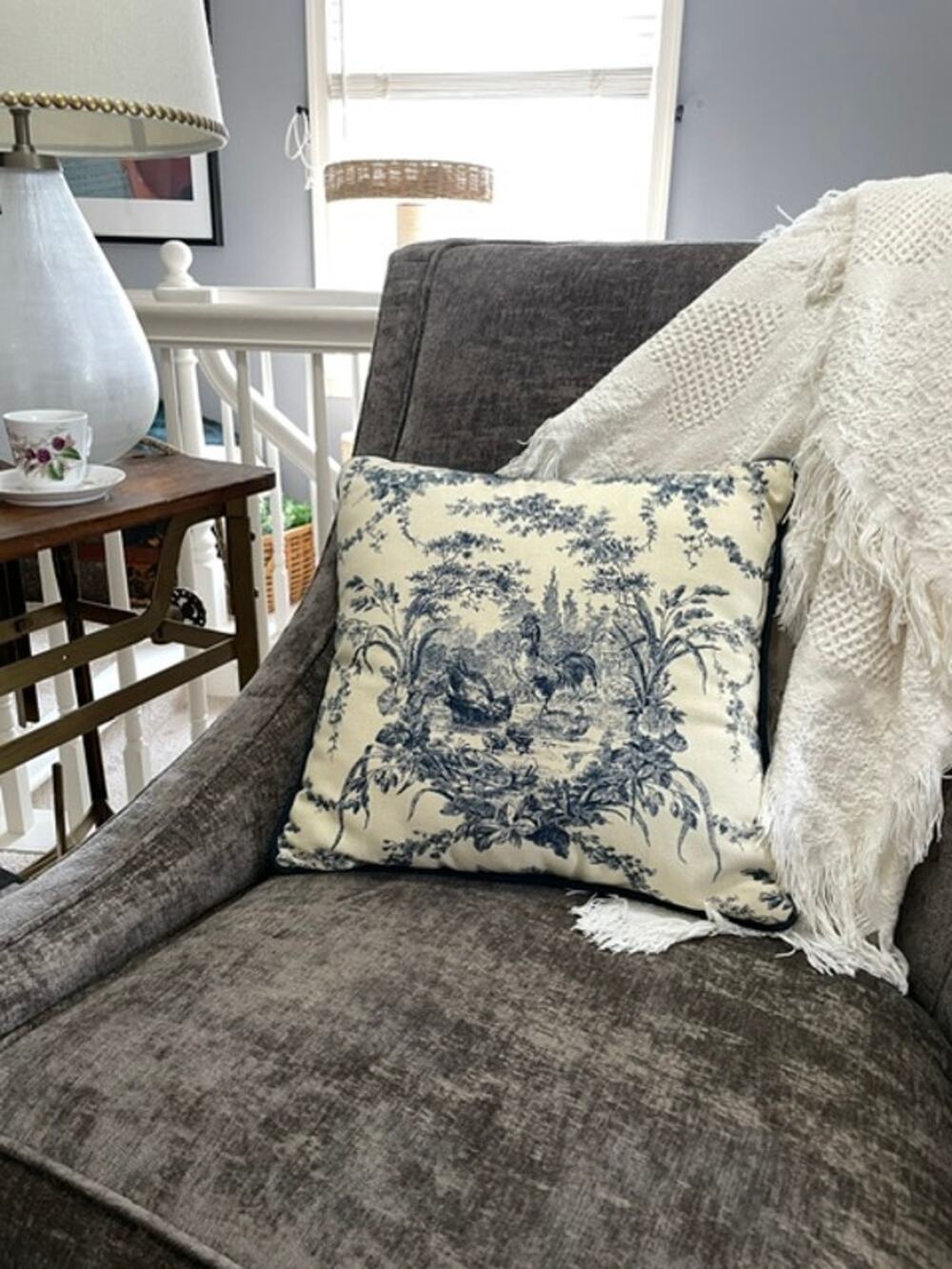 French Country Toile Rooster Farmhouse Accent Pillow Blue White 15x15 Cotton - Picture 1 of 7